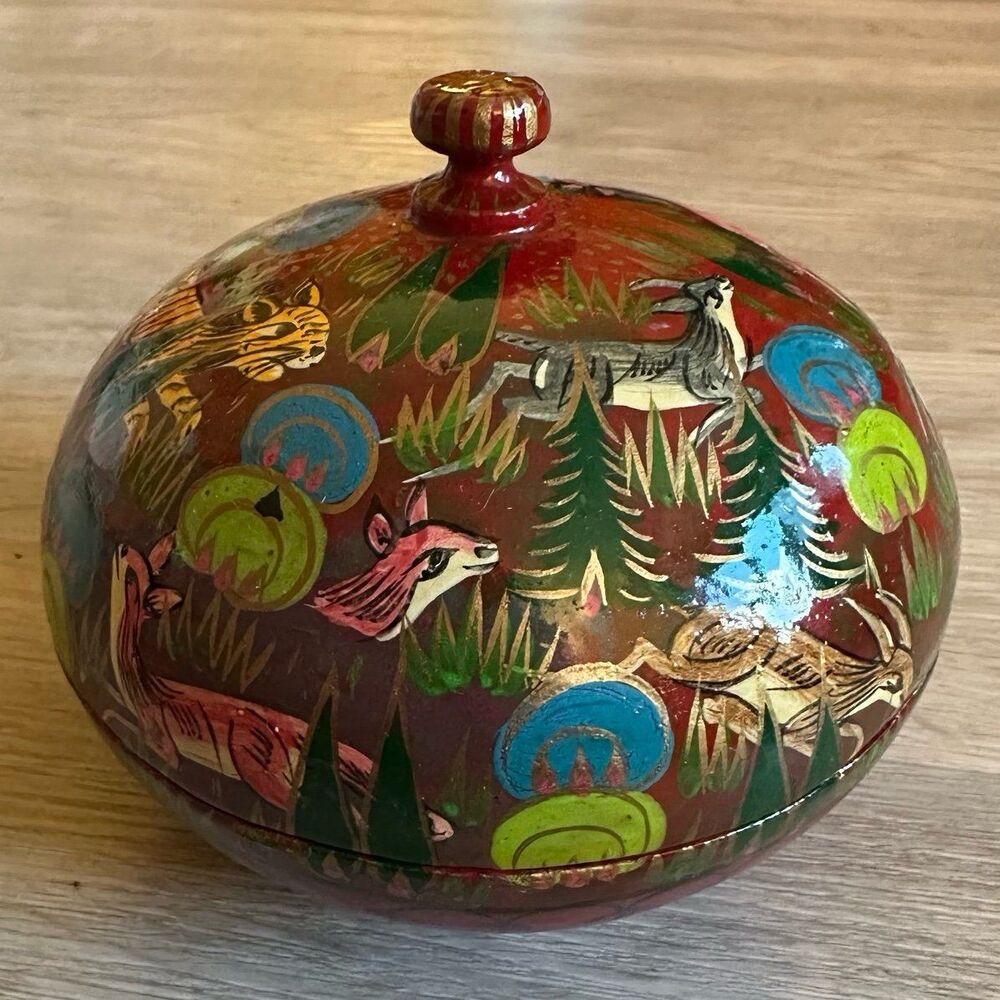 Vintage Kashmiri Paper Mache Trinket Box Hand-Painted Animal Design